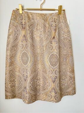 Vintage Talbots Metallic Jacquard Brocade Skirt Gold Cream Silver Paisley 2
